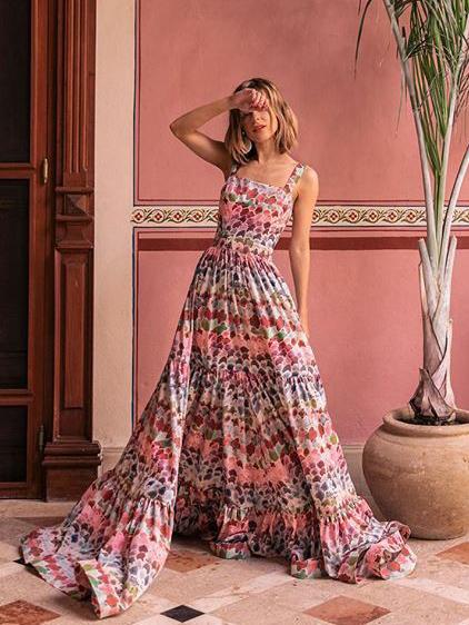Floral Empired Spaghetti-neck Maxi Dress