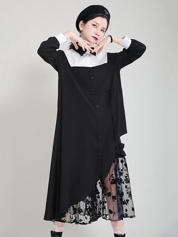 Original Irregular Split-Joint Buttoned Tied Lapel Collar Long Sleeves Midi Dress