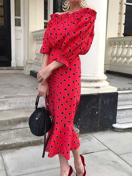 Polka-dot Off Shoulder Puff Sleeves Maxi Dress