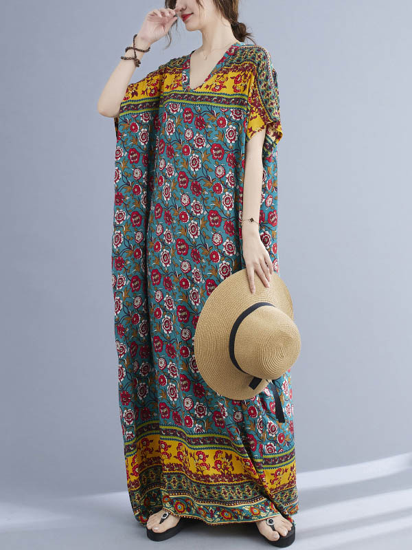 Vacation Flower Print V-Neck Batwing Sleeve Maxi Dress