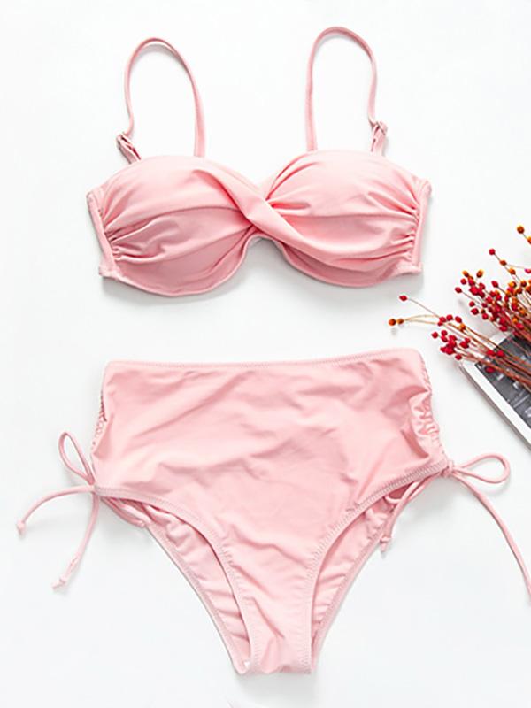 Solid Color Twist Bandage Split Bikini Swimsuit