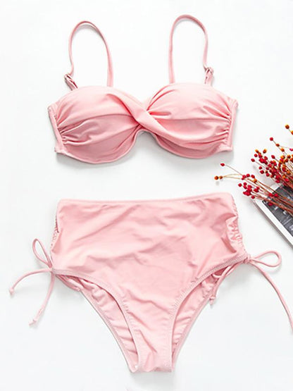 Solid Color Twist Bandage Split Bikini Swimsuit