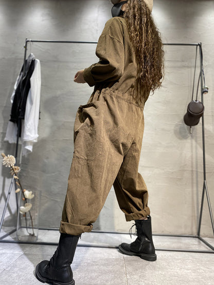 Fashion Long Sleeves Lapel Solid Color Jumpsuits