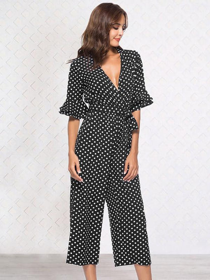 Printed Belted V-neck Half Sleeves Jumpsuit