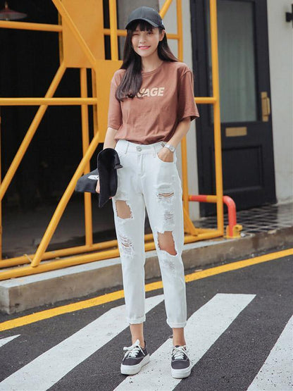 Ripped Loose High Waist Jeans Pants Bottoms