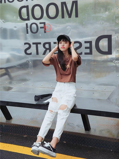 Ripped Loose High Waist Jeans Pants Bottoms