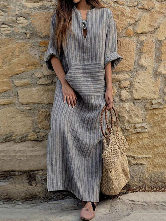 Grey Cotton Long Striped Dress with Rolled Up Sleeves