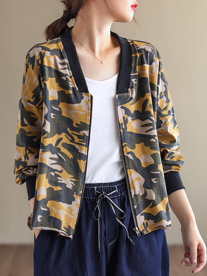 Casual Zipper V-Neck Camouflage Printed Long Sleeves Outerwear