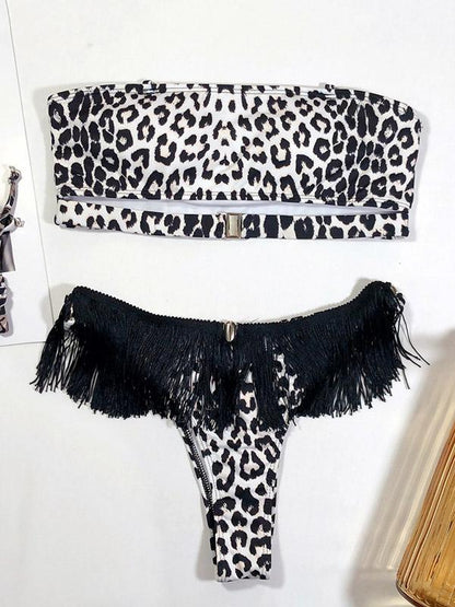 Strapless Tassels Leopard Print Bikini Swimsuit