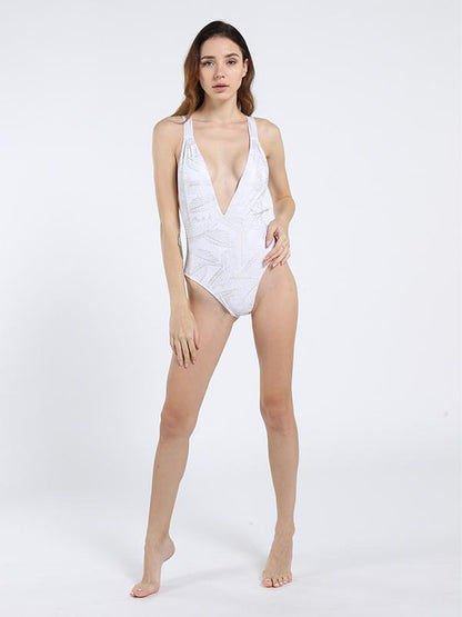 Leaf Pattern Deep V-neck One-piece Swimwear