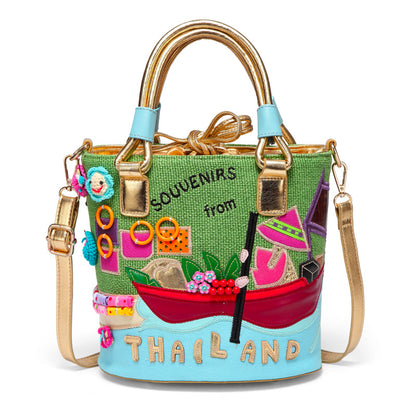 Art canvas bucket bag green casual portable diagonal bag