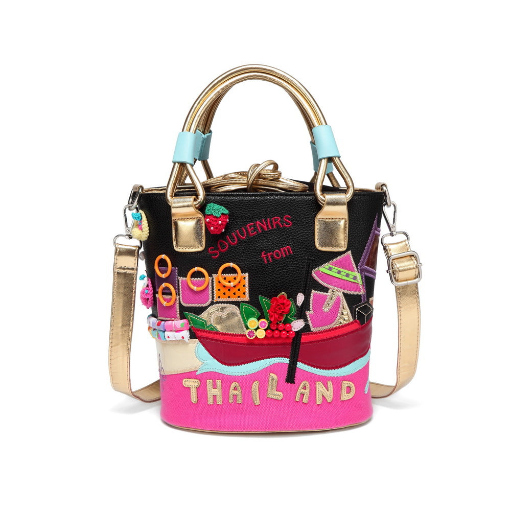 Art canvas bucket bag green casual portable diagonal bag