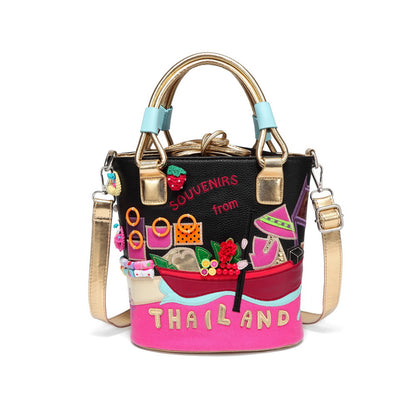 Art canvas bucket bag green casual portable diagonal bag