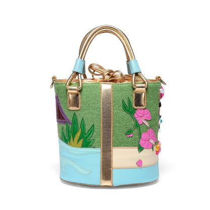 Art canvas bucket bag green casual portable diagonal bag