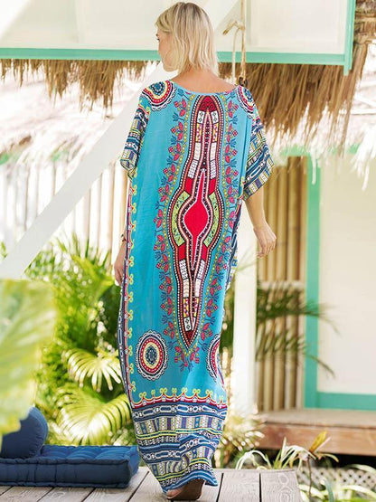 Elegant V-neckline Short Sleeves Maxi Print Bohemia Dress
