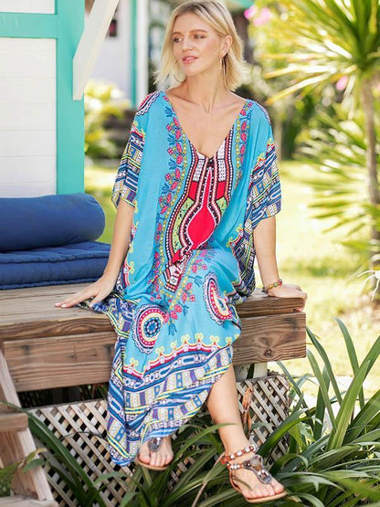 Elegant V-neckline Short Sleeves Maxi Print Bohemia Dress