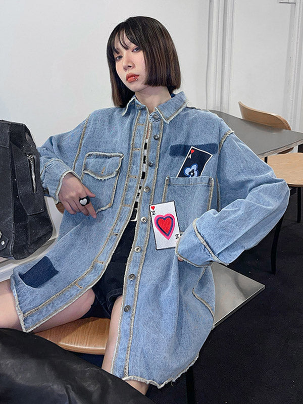 Original Stylish Loose Split-Joint With Pocket Buttoned Applique Lapel Collar Long Sleeves Denim Outwear