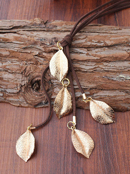 Vintage Alloy Multi-Leaf Velour Leather Rope Necklace