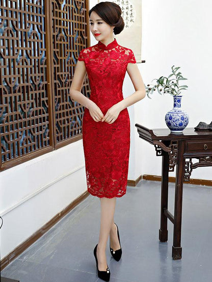 Red Lace See-through Split-side Short Cheongsam