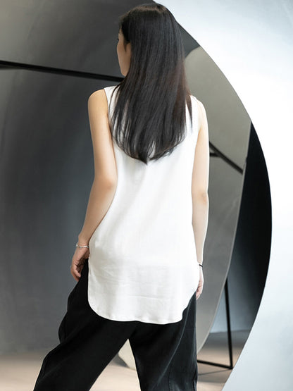 Simple Black&White Split-Side Sleeveless Round-Neck Vest