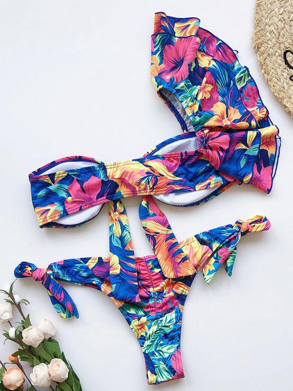 Strapless One-Shoulder Falbala Bandage Bikini Swimsuit