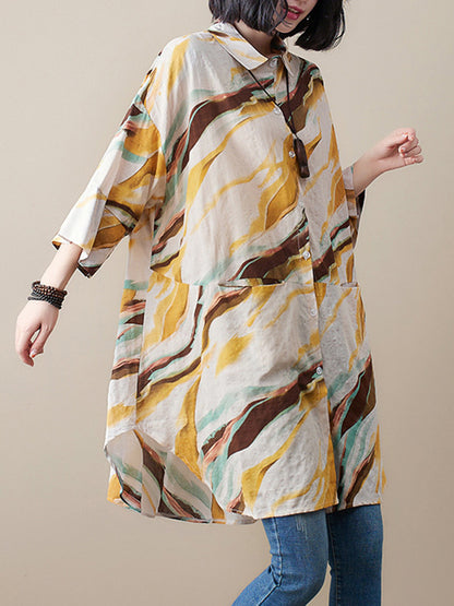 Artistic Retro Contrast Color Printed Split-Joint Blouse
