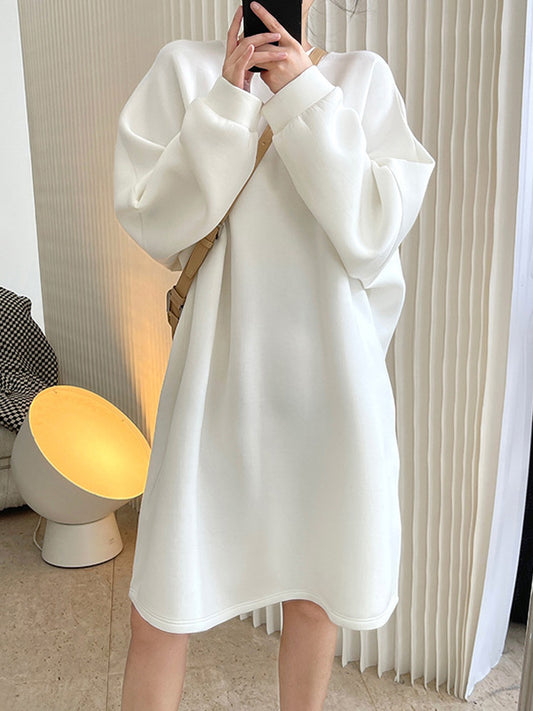 Simple Loose Solid Color Split-Joint Round-Neck Long Sleeves Midi Dress