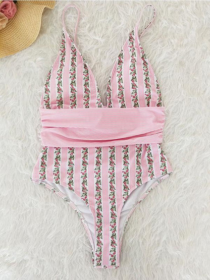 Sexy V-neck Printed One-piece Swimwear