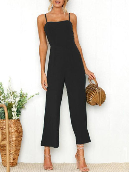 Solid Color Spaghetti-neck Wide Leg Jumpsuits