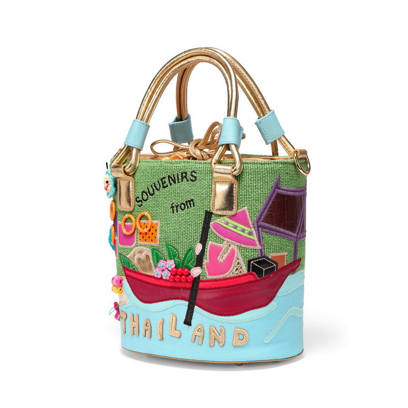 Art canvas bucket bag green casual portable diagonal bag