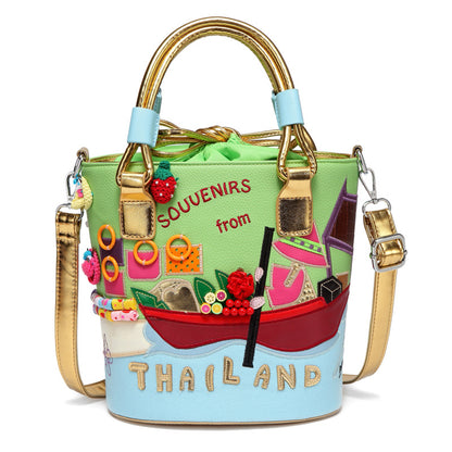 Art canvas bucket bag green casual portable diagonal bag