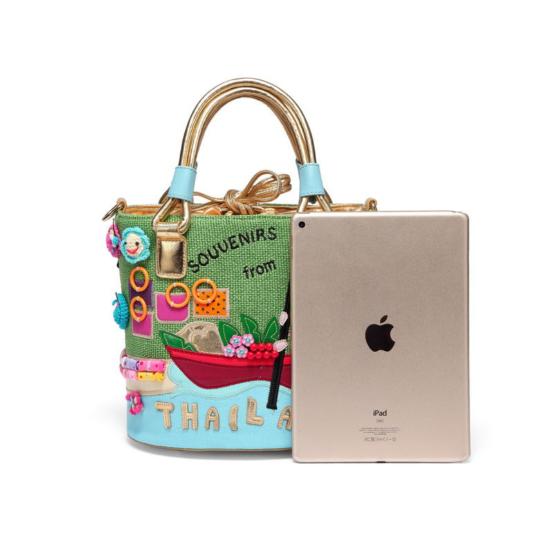 Art canvas bucket bag green casual portable diagonal bag