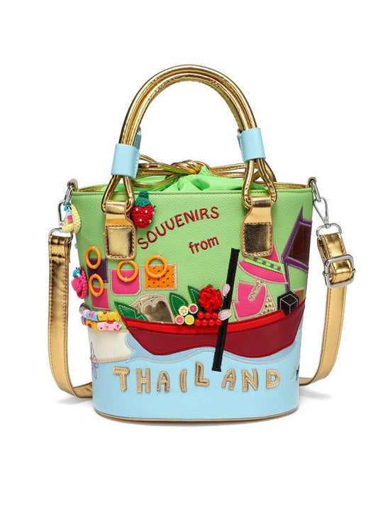 Art canvas bucket bag green casual portable diagonal bag