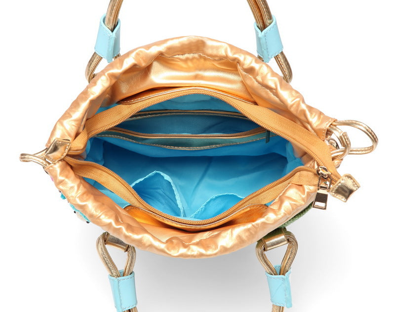 Art canvas bucket bag green casual portable diagonal bag