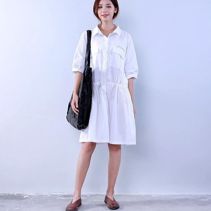 Cotton Loose Pocket Women Lacing White Dress