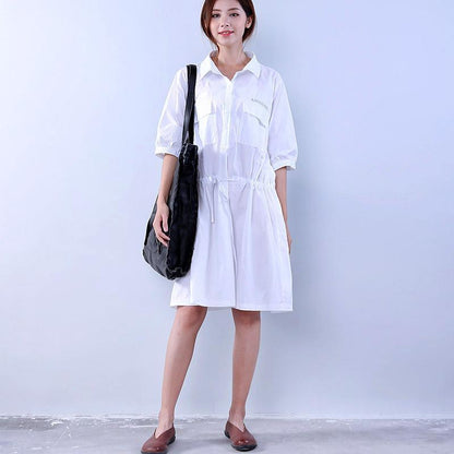 Cotton Loose Pocket Women Lacing White Dress