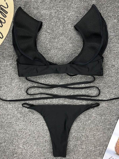 Falbala Black Lace Up Bikini Swimsuit