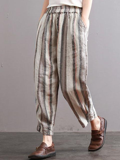 Ramie Cotton Vintage Striped Harem Linen Pants