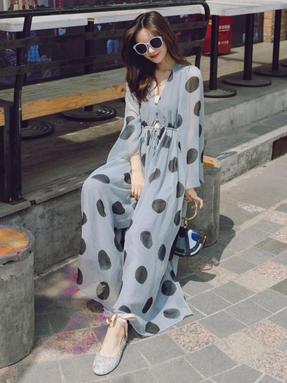 Light-blue Polka-Dot Chiffon Flared Sleeves Wide Leg Jumpsuits
