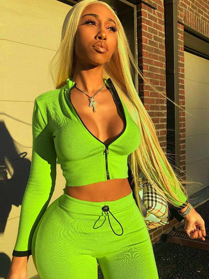 Solid Zipper Tee&Leggings Sports Suits