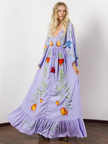 Bohemia Retro Embroidered Falbala Maxi Dress