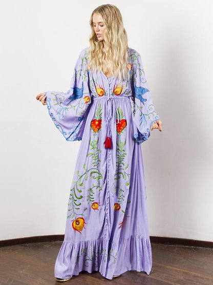 Bohemia Retro Embroidered Falbala Maxi Dress