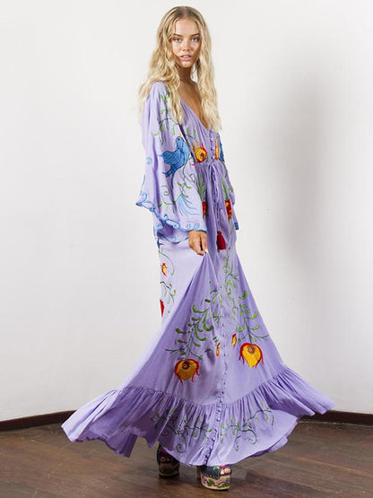 Bohemia Retro Embroidered Falbala Maxi Dress