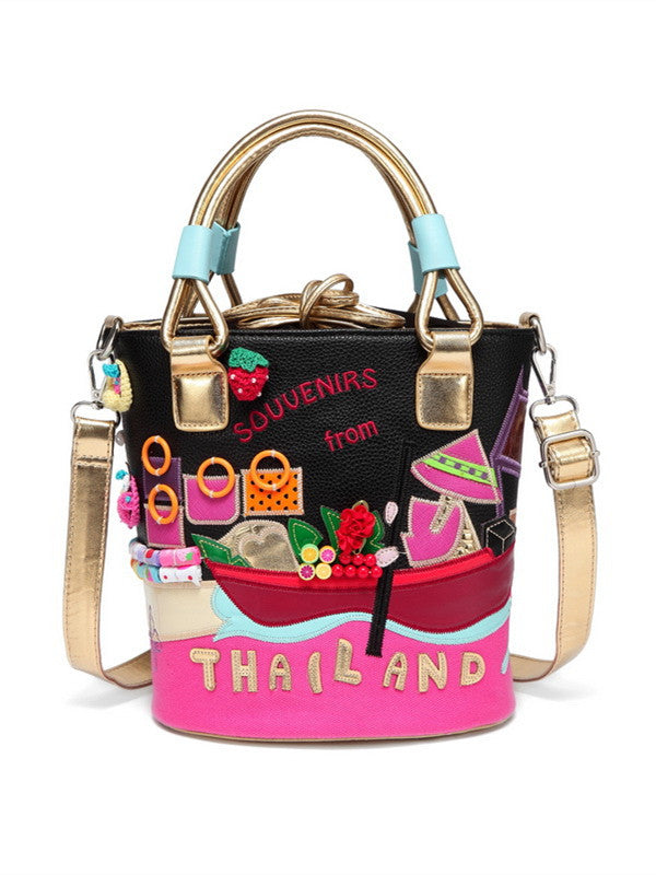 Art canvas bucket bag green casual portable diagonal bag