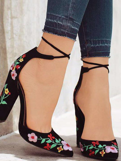 Embroidered Chunky Heels Shoes