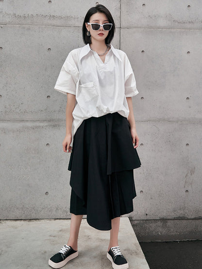 Urban Solid Color High-Low Batwing Sleeves Lapel V-Neck Shirts