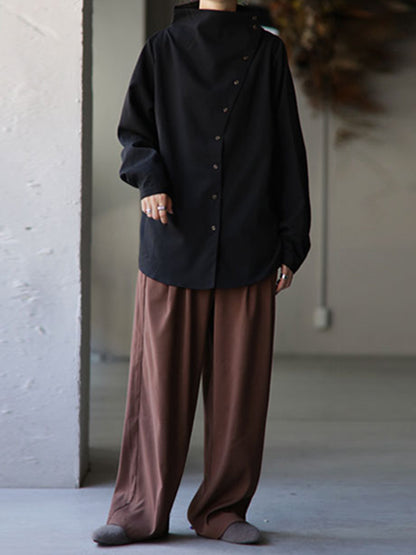 Loose Casual Solid Color Buttoned High-Neck Long Sleeves Blouse
