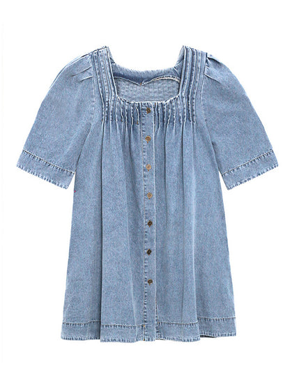 Stylish Denim Blue Pleated Square-Neck Half Sleeves H-Line Mini Dress