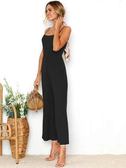 Solid Color Spaghetti-neck Wide Leg Jumpsuits