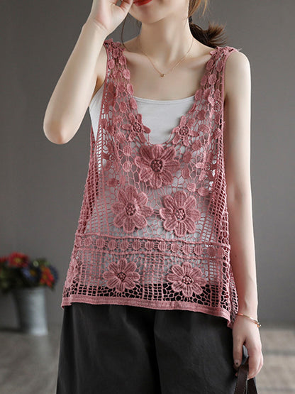 Stylish Solid Color Embroidered V-Neck Vest Tops